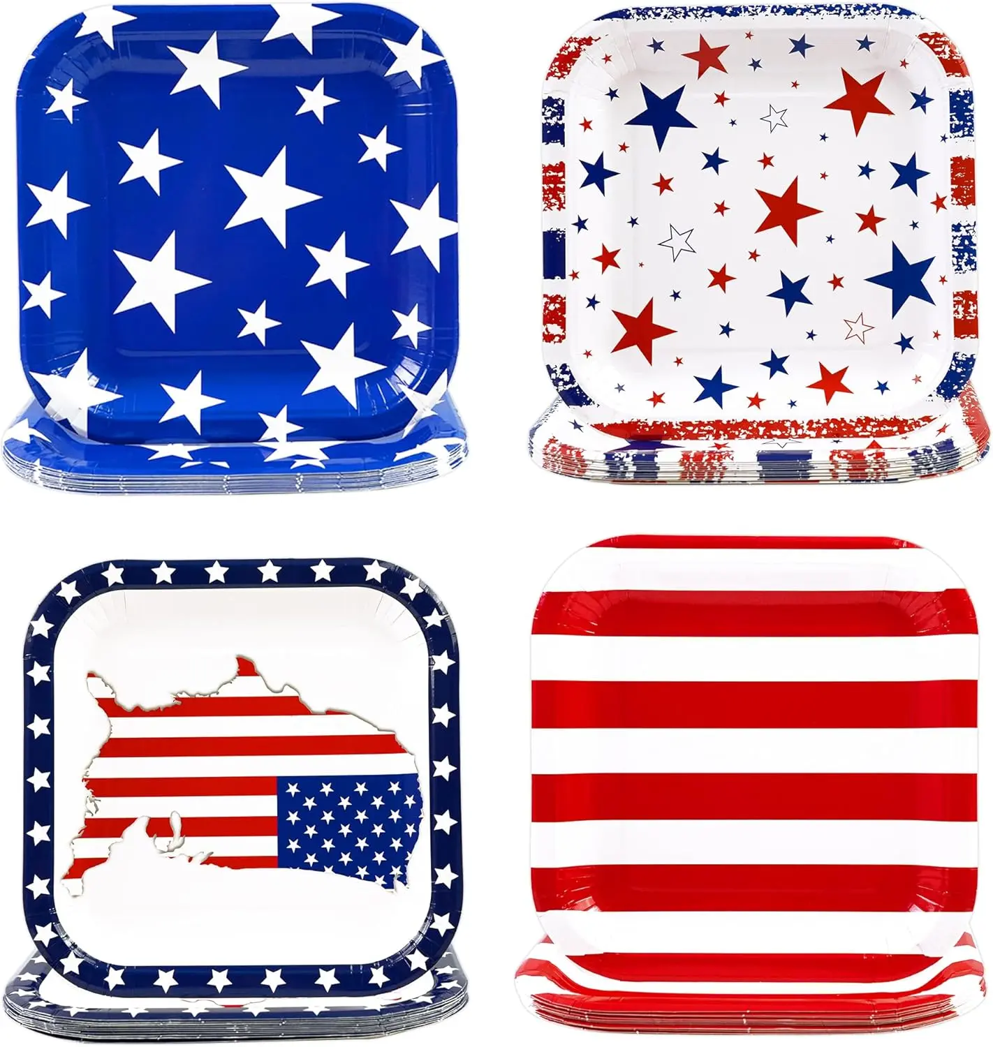 48pcs 4th of July Paper Plates - 7 Inch Patriotic Dessert Plates Red White Blue American Flag Square Plates Disposable Tableware Set for Independence Day Memorial Day Party Supplies