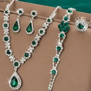 Elegant Emerald Stone Jewelry Set, Trendy Matching Necklace Earrings Bracelet Ring Combo, Shiny Classic Fashion Ornaments, Luxury Delicate Accessory Set Ideal for Daily Wear, Wedding Banquet, Party Dating and Holiday Gift Giving
