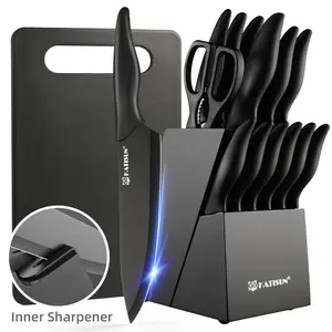 15 Pieces Carbon Steel Kitchen Knife Block Set with Cutting Board and Inner Sharpener, and 6 Steak Knives, Dishwasher Safe