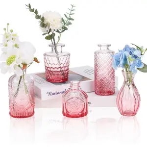 5pcs Pink Glass Bud Vase Set, Small Flower Vases for Centerpieces in Bulk, Mini Vintage Vase for Home, Wedding, Table Decor