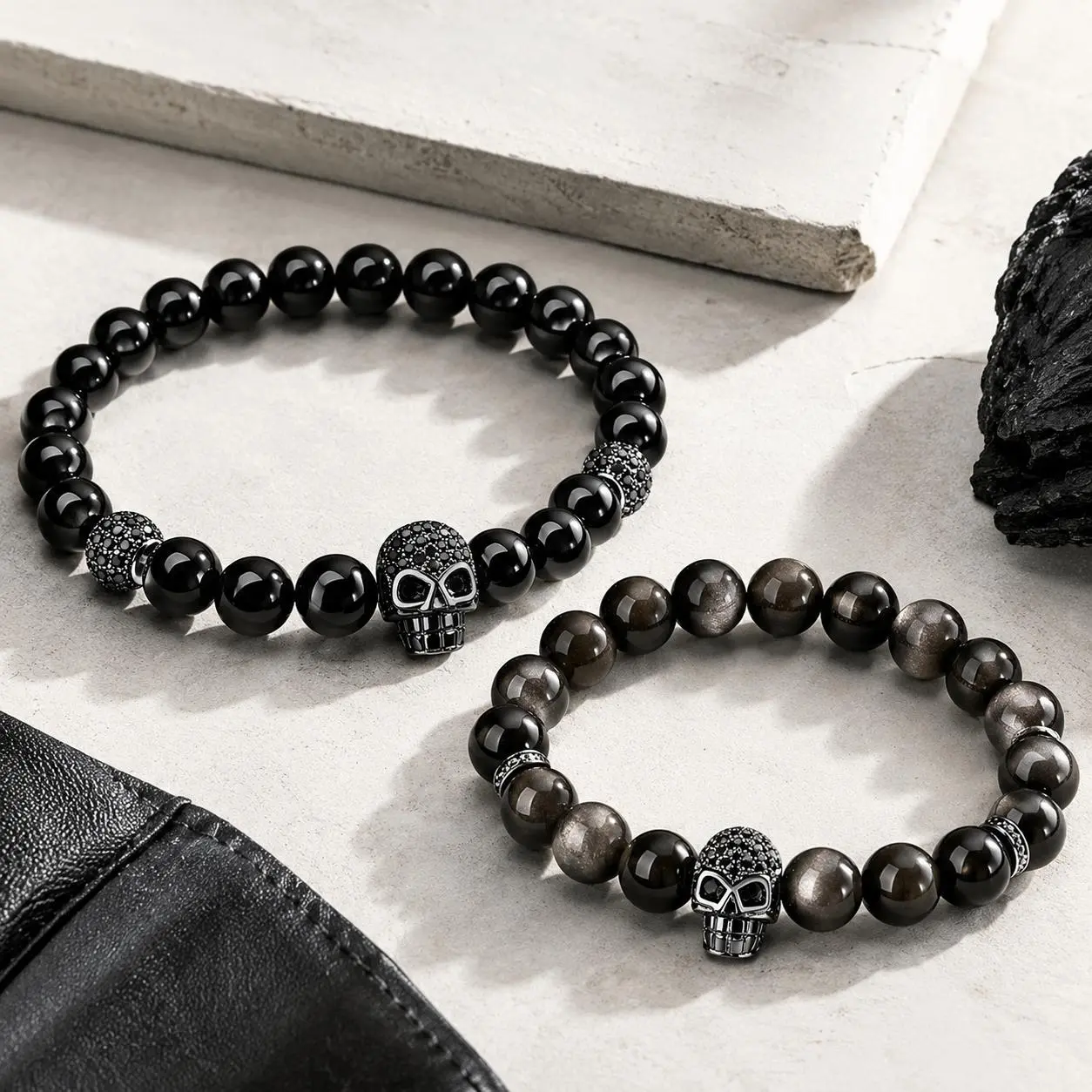 Men's Skull Beaded Bracelet, Gothic Punk Black Obsidian & Tourmaline Stone Jewelry, Stretch Fit for Adults, Daily Wear, 8 in, 20g, Gothic Style, 20 Grams