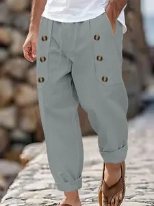 Men's Linen Harem Pants, Summer Tropical Beach Shorts, Casual Loose Drawstring Double Button, Lightweight Breathable Low Waist Vacation Pants