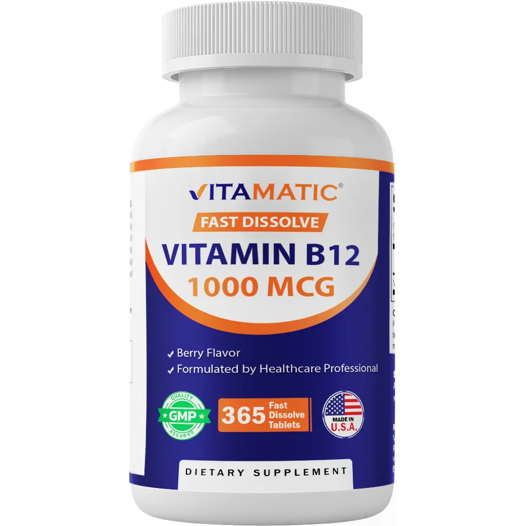 Vitamatic B12 Complex Edible Dietary Supplement - 1000 mcg Fast Dissolve Dietary Vitamins, Natural Berry Flavor, 365 Tabs per Bottle (3 Bottles), Red Blood Cell Production, Cellular Energy Support