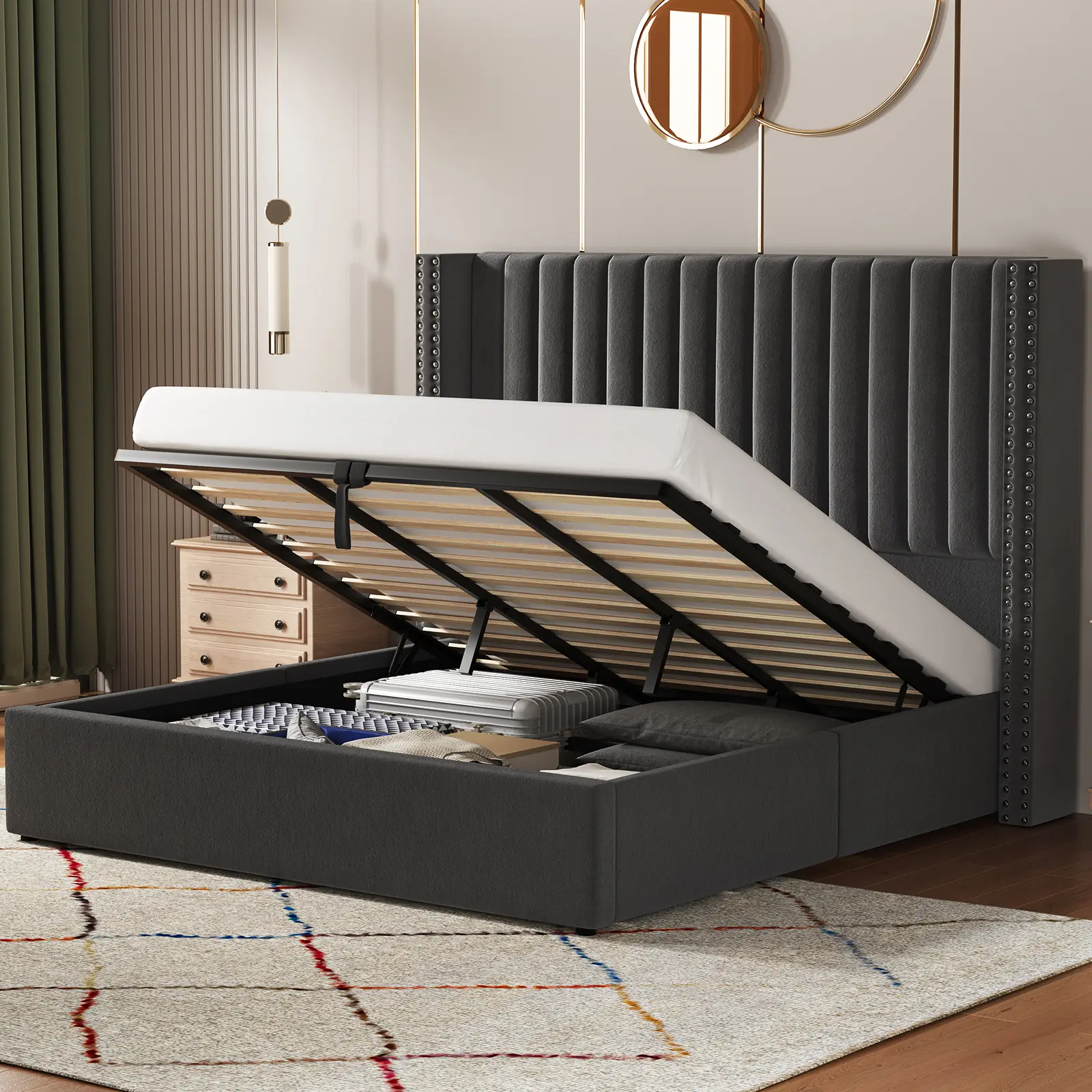 AMERLIFE Bed Frame Lift Up Storage Bed, Velet Upholstered BedFrame with Storage Underneath/No Box Spring Needed/Easy Assembly,Best Gift Ideas/Christmas Gifts