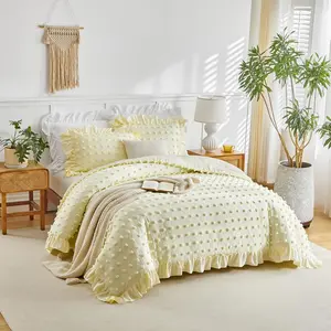Tufted Dots Ruffle Duvet Cover Set Twin Size, 3 Pieces Vintage Farmhouse Shabby Chic Ruffled Duvet Cover with Zipper Closure, Luxury Jacquard Boho Bedding Set for Kids (Yellow)