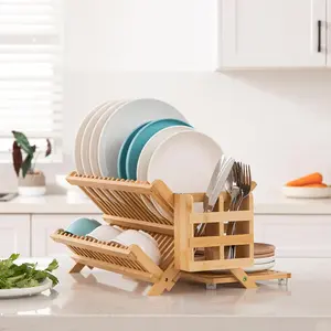 Bamboo Dish Drying Rack with Utensil Holder, 3-Tier Large Collapsible Wooden Organiser for Kitchen Counter