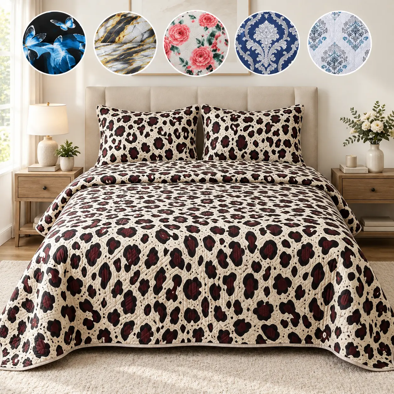 King Size 3-Piece Bold Leopard Print Quilted Animal-Themed Bedding Set - Ultrasonic Quilting, Lightweight Layerable Coverlet, Fresh Bed, Bedroom Decor for All Seasons (3-Piece Bundle, Decorated Bedding Sets Collections)
