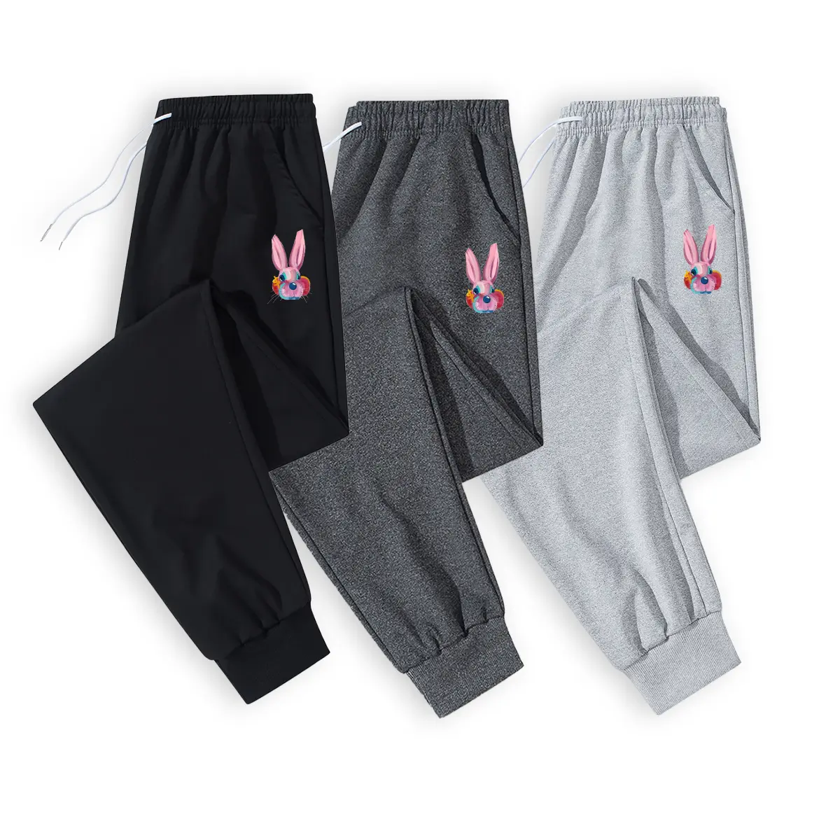 Men's Bunny Print Athletic Joggers - Comfortable Stretch Fabric, Fitted Cut for Casual Lounge and Gym Wear, Elastic Waist Joggers, Casual Sporty Joggers