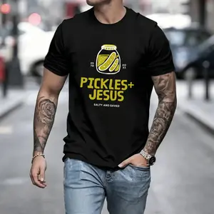 Men’s pure cotton black short-sleeve T-shirt with a fun pickle print, simple crew neck design, comfortable and breathable, quirky personality—perfect for everyday casual wear!