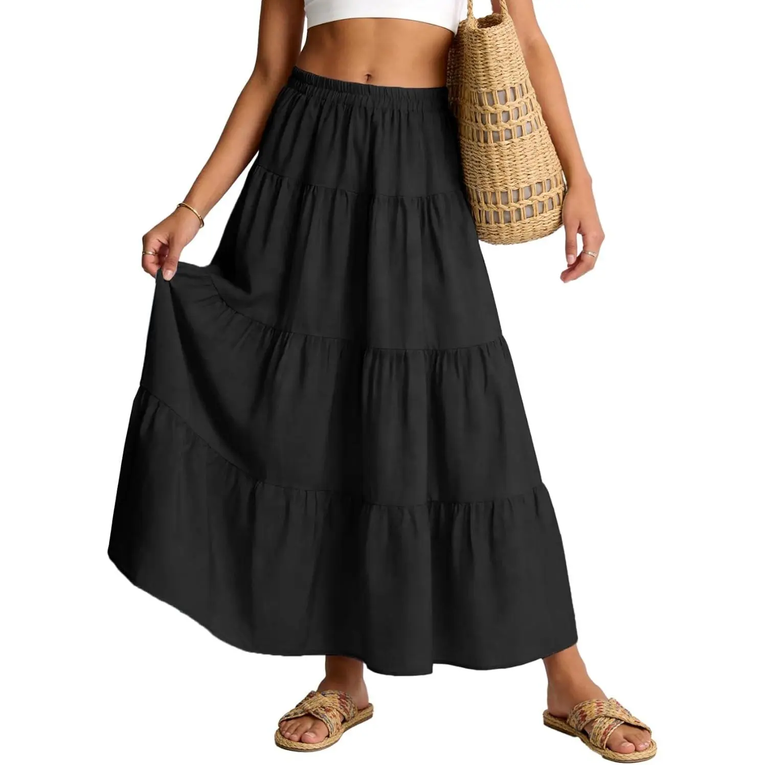 Flowy Maxi Skirts for Women Summer Tiered Boho A Line Skirt Pleated High Elastic Waisted Flared Ruffle Long Skirts