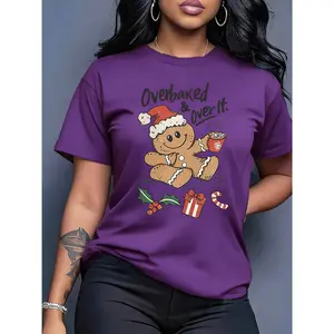 Women's 100% Cotton Christmas Graphic T-Shirt - Vintage Gingerbread Man Print, Round Neck, Oversized Fit, Smooth Fabric, Loose Casual, Soft, Breathable, Machine Washable, Holiday Gift, Suitable for Spring, Summer, Commuting, Daily Wear