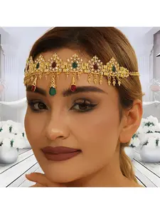 Middle East Best-selling Bridal Headwear Fashion Luxury Gold Alloy Hollow Carving Inlaid Diamond Teardrop Crystal Fringe Head Chain