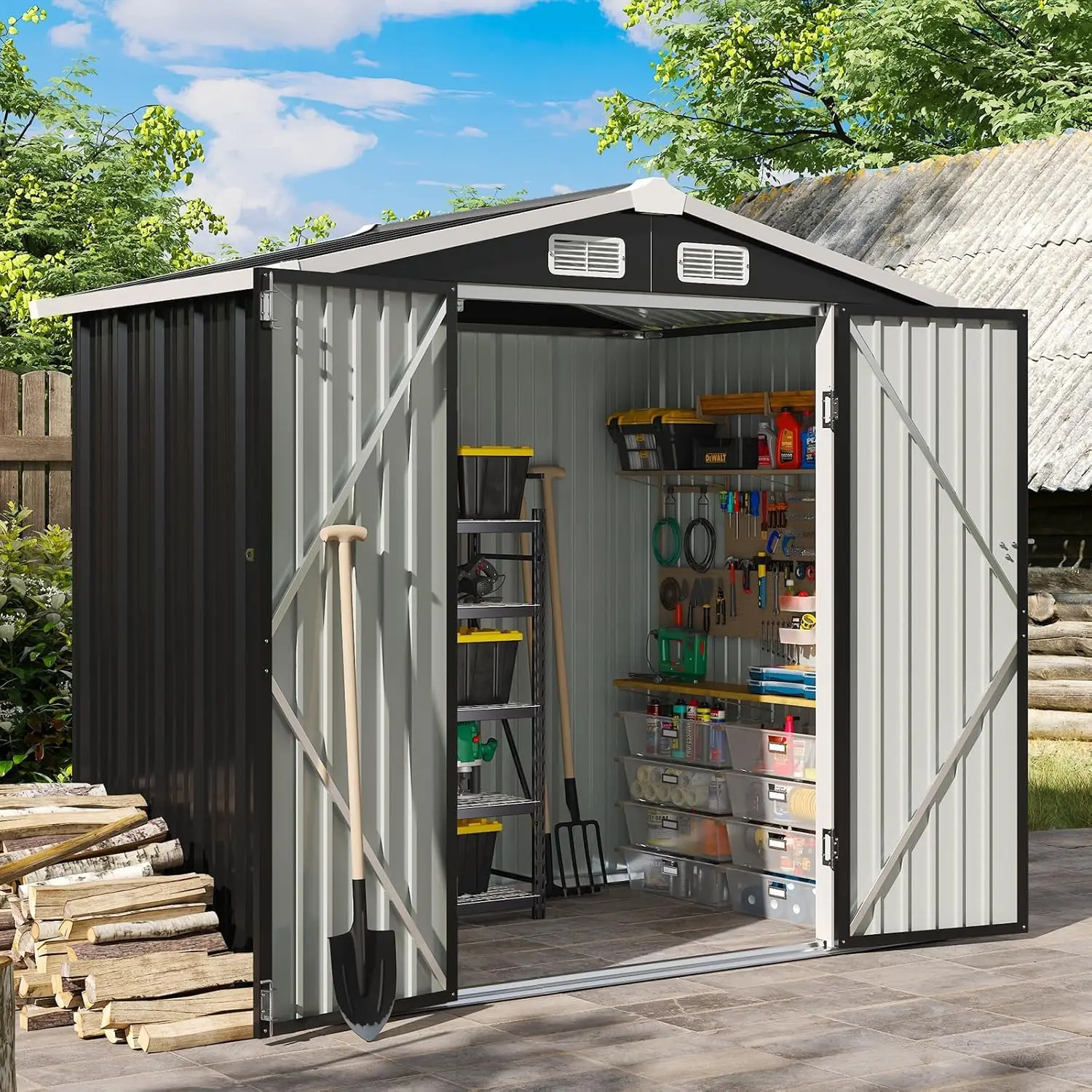 Aoxun Metal Garden Shed, Heavy-Duty Outdoor Storage Shed with Sloped Roof & Lockable Door, 200 x 188 x 123cm Weatherproof Utility Shed for Patio Lawn Backyard, Black,campingessentials,outdoorfurnitureset,campinggear