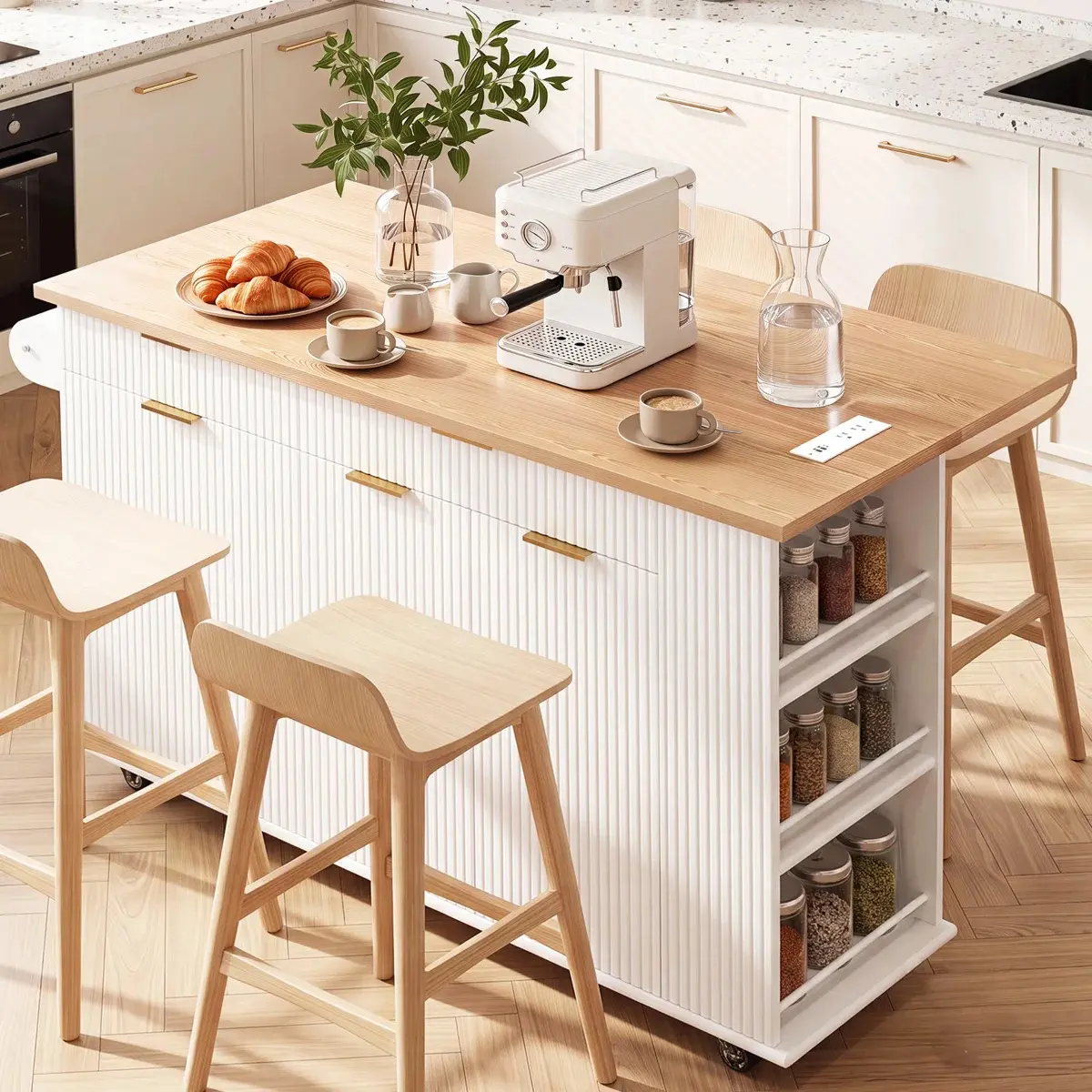 NAVINE 56.1'' W Modern Solid Wood Kitchen Island with Storage Cabinet, Drawers, Charging Station, Trash Cabinet, Locking Wheels, Drop Leaf