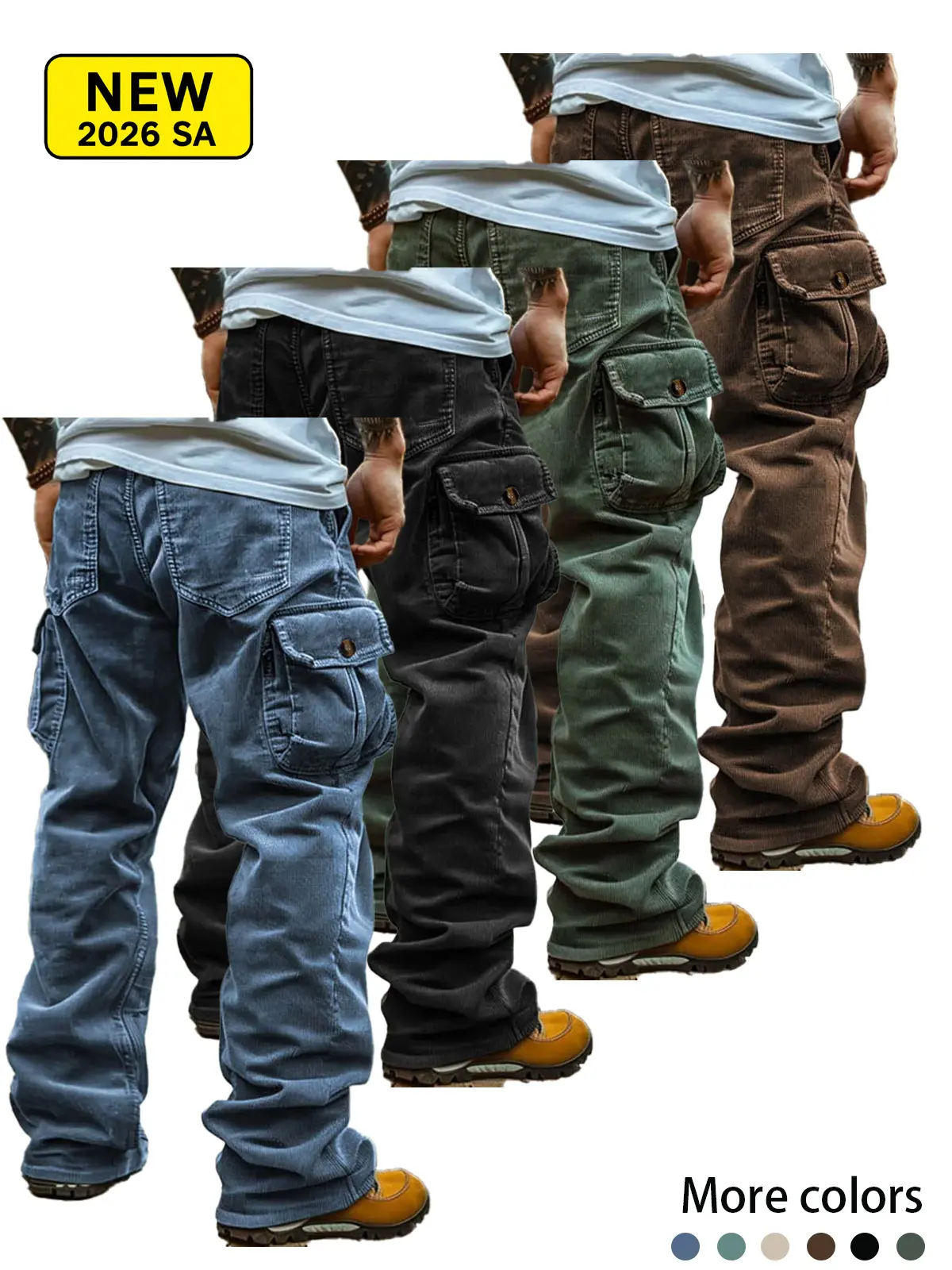 Men’s Vintage Corduroy Cargo Pants, Ribbed Texture Multi Pocket Straight Leg Utility Trousers, Retro Workwear Streetwear for Outdoor Daily Wear