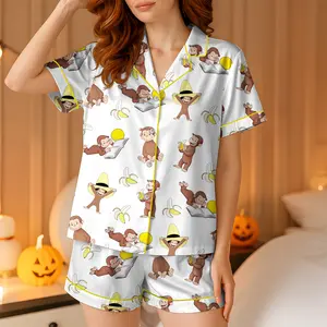 Women's Monkey Banana Print Pajama Set , Cute Monkey & Banana All-Over Print Lapel Collar Button-Front Shirt & Elastic Waist Pants, All-Season Sleepwear, Pajamas for -Like s, Themed Costume Party Outfit