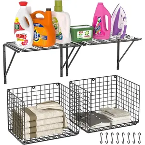 2 Pack Laundry Room Shelves, Wire Baskets with 8 Hooks, Over Washer and Dryer Shelf, Wall Mounted Storage and Clothes Drying Rack, Black
