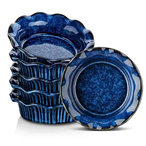 vancasso Ceramic Pie Dishes Set of 6, 13.3cm Individual Tart Tins for Oven and Baking, Small Pie Tin with Corrugated Edge, Easy to Clean, Dishwasher & Microwave & Oven Safe, Blue Bakeware Kitchenware