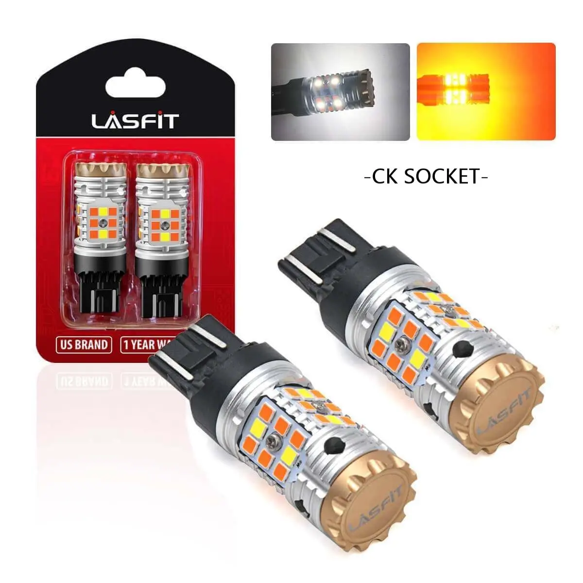 Lasfit CK Socket 7443/7444 LED Lights for Car - 2-Pack CANBUS Error-Free, Anti-Hyper Flash, Switchback Dual-Color Turn Signal Blinker Bulbs