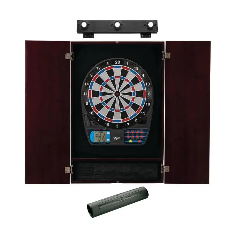 Viper 787 Electronic Dartboard, Metropolitan Mahogany Cabinet, Padded Dart MAt & Shadow Buster Dartboard Lights