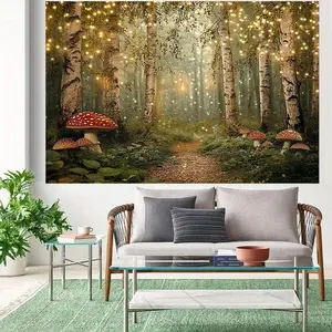 1pc Multi-Size 2D Enchanted Forest Scene Backdrop Banner, Polyester Soft-Texture Fabric with Birch Trees, Pathway, Mushrooms, Photo Booth Props & Ornaments - Ideal for Photography, Event Decor