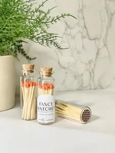 Orange Tip Match Set - 25-CT Glass Vial Match Holder with Cork Lid, Striker, Candle Accessory, Home Supplies Organizer, Storage Bottle Jar