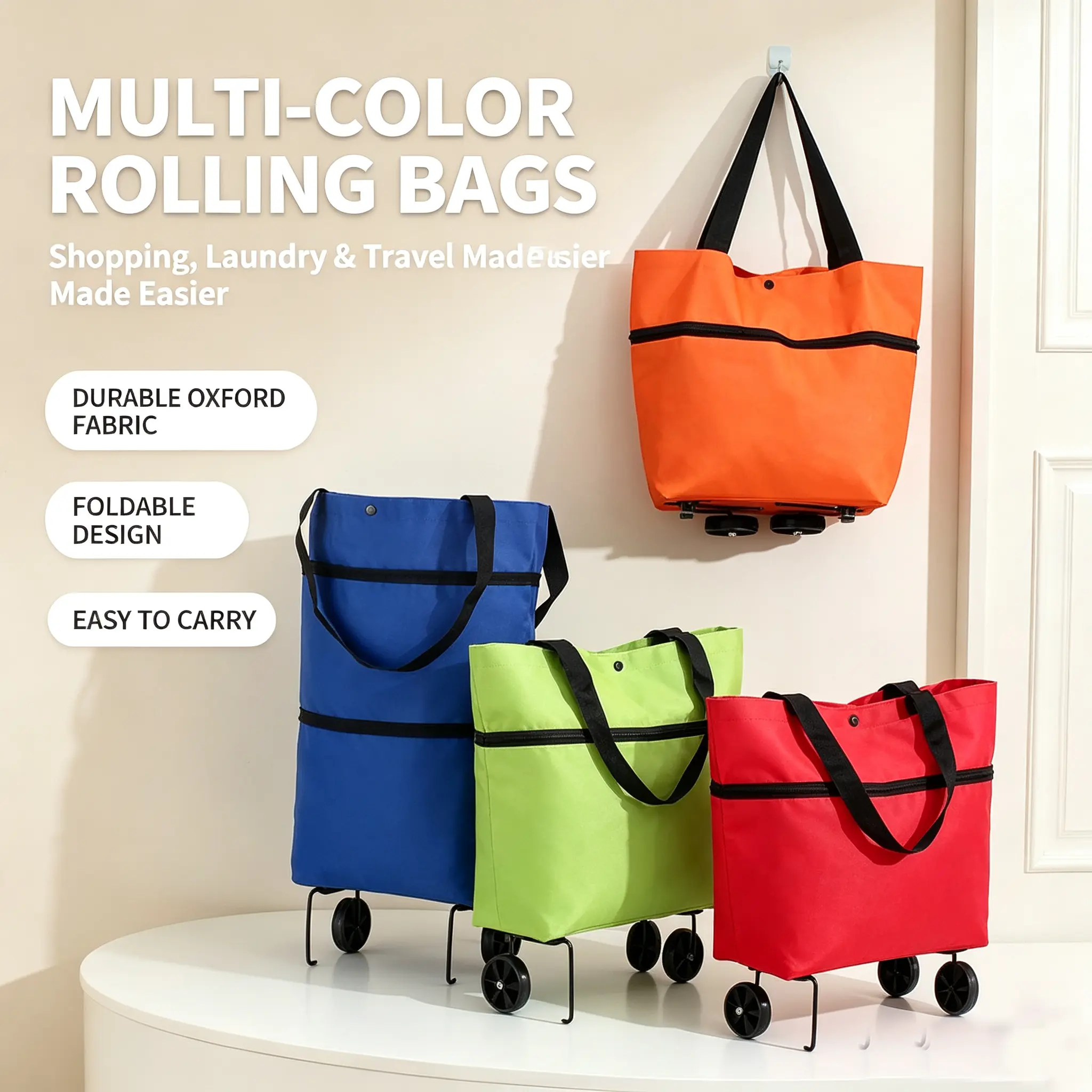 )Foldable Shopping Trolley Bag with Wheels, Portable Reusable Grocery Tote, Lightweight Rolling Shopping Cart Bag with Carry Handles for Supermarket, Travel and Daily Use