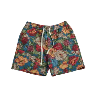 American retro oil painting–style men’s casual shorts featuring full floral jacquard embroidery; summer drawstring loose straight-leg mid-length shorts made from vintage floral woven fabric with a distinctive design; beach shorts suitable for everyday out