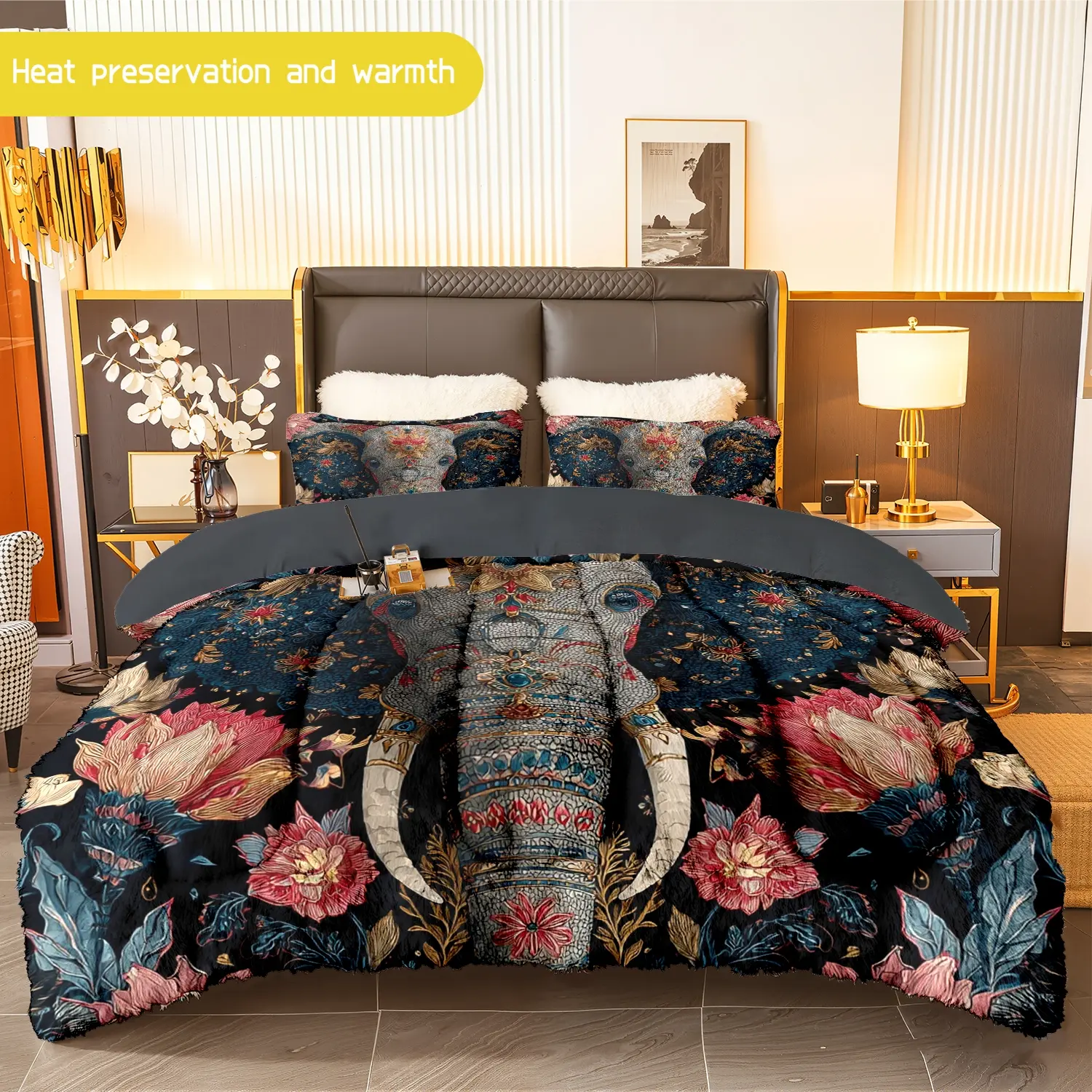3pcs (1 comforter + 2 pillowcases) Elephant - Floral Print Flannel & Milk Velvet Comforter Set, Ultra - Soft & Warm Bedding Set for Adults, Cozy Milk Velvet Quilt Set, Trendy Bedding Essentials