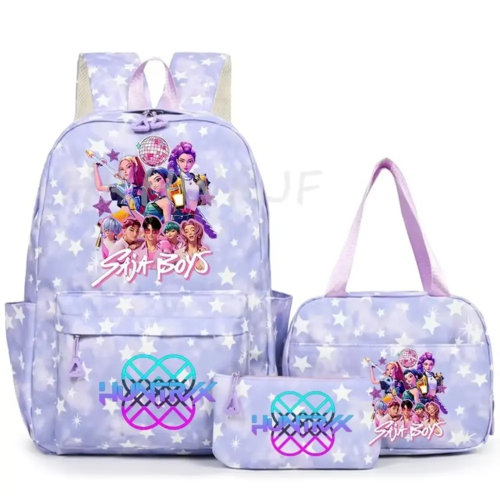 Light Purple Tie‑Dye White Star Pattern K‑Pop Character Print 17.7‑inch Multi‑Compartment Zipper‑Closure Laptop Backpack 3‑Piece Bundle, Student School Bag Set Includes Lunch Handbag and Pencil Bag, Lightweight Casual Backpack for Teenage Girls