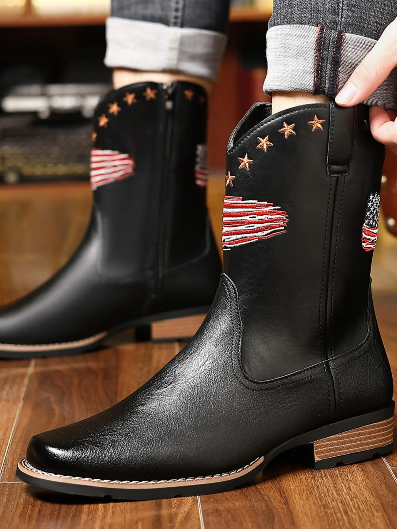 American Vintage Flag Embroidered Western Cowboy Boots, PU Leather Above Ankle Boots, All Seasons Fashion, Stand Out on the Street