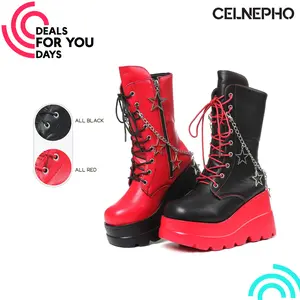 CELNEPHO Platform Boots for Women Round Toe Chunky Wedge Heel Mid Calf Boots Thick Sole Rave Kawaii Boot Sode Zipper Closure Starry Sky Chain Decor Lace Up Easy Pull on Comfy Boot Street Party Bike Riding Gothic Punk Cosplay Dress Shoes Deals For You Days