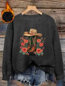 Women's geometric graphic print sweatshirt, Long Sleeves crew neck pullover, oversized loose-fitting warm winter top, soft fabric, elegant commuter casual style.