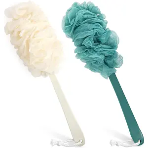 2Pack Back Scrubber for Shower,Loofah Sponge Shower Brush Using Body Exfoliating with Long Handle, Loofah on a Stick for Men Women, Bathing Accessories for Body Brushes (Blue and White)