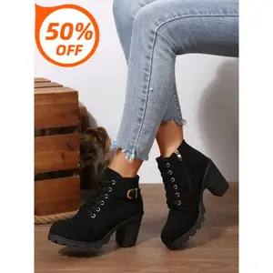 Women's Lace-Up Chunky Heel Short Boots, Metal Buckle Accent, Fashionable & Versatile, Blue Bota Footwear Walking Shoes Walking Shoes Girl