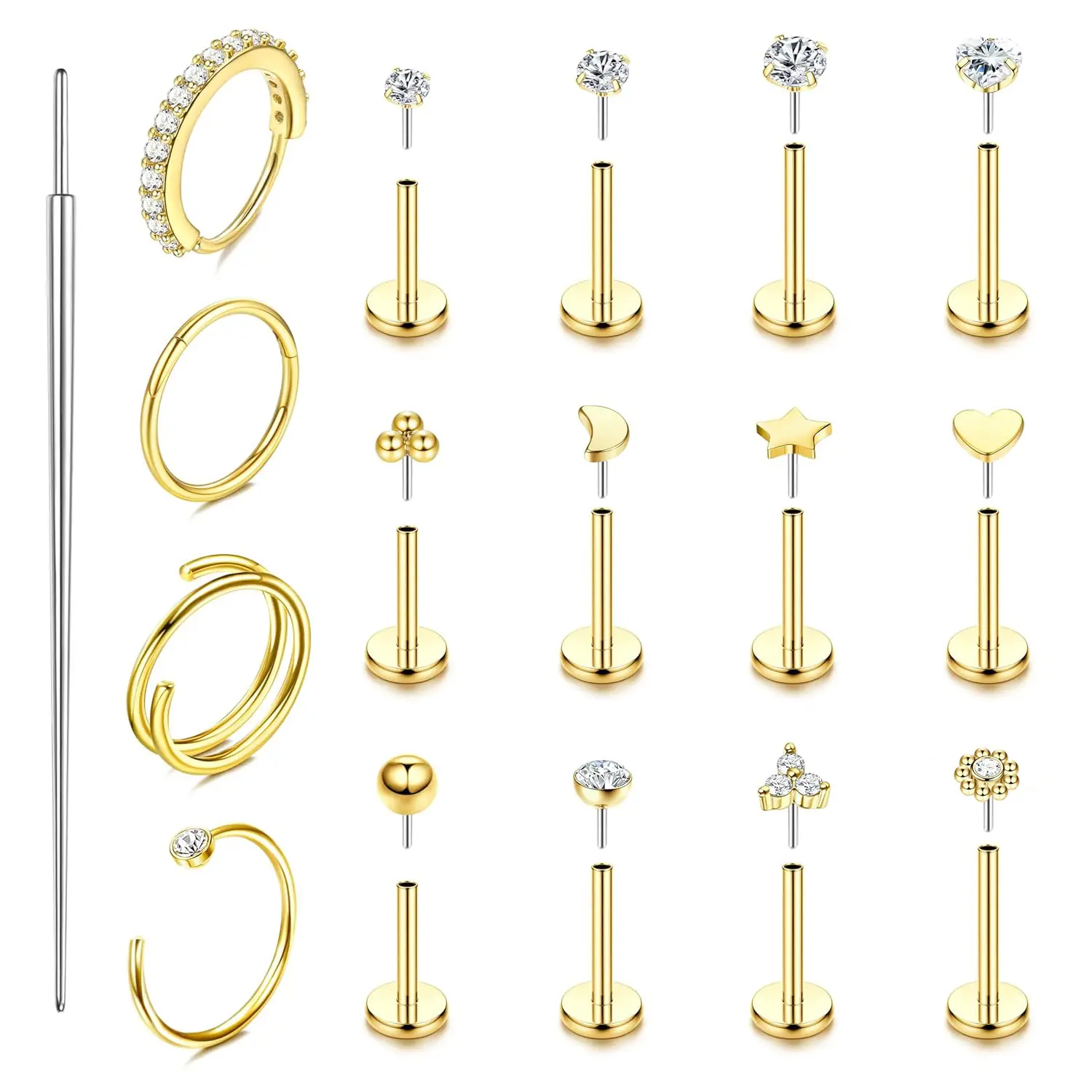 Rotunoe Hypoallergenic 14K Gold Plated Nose Rings & Flat Back Earrings, 20G/18G Surgical Steel Threadless CZ Nose Studs for Helix, Tragus, Cartilage, Nostril & Lip Piercings