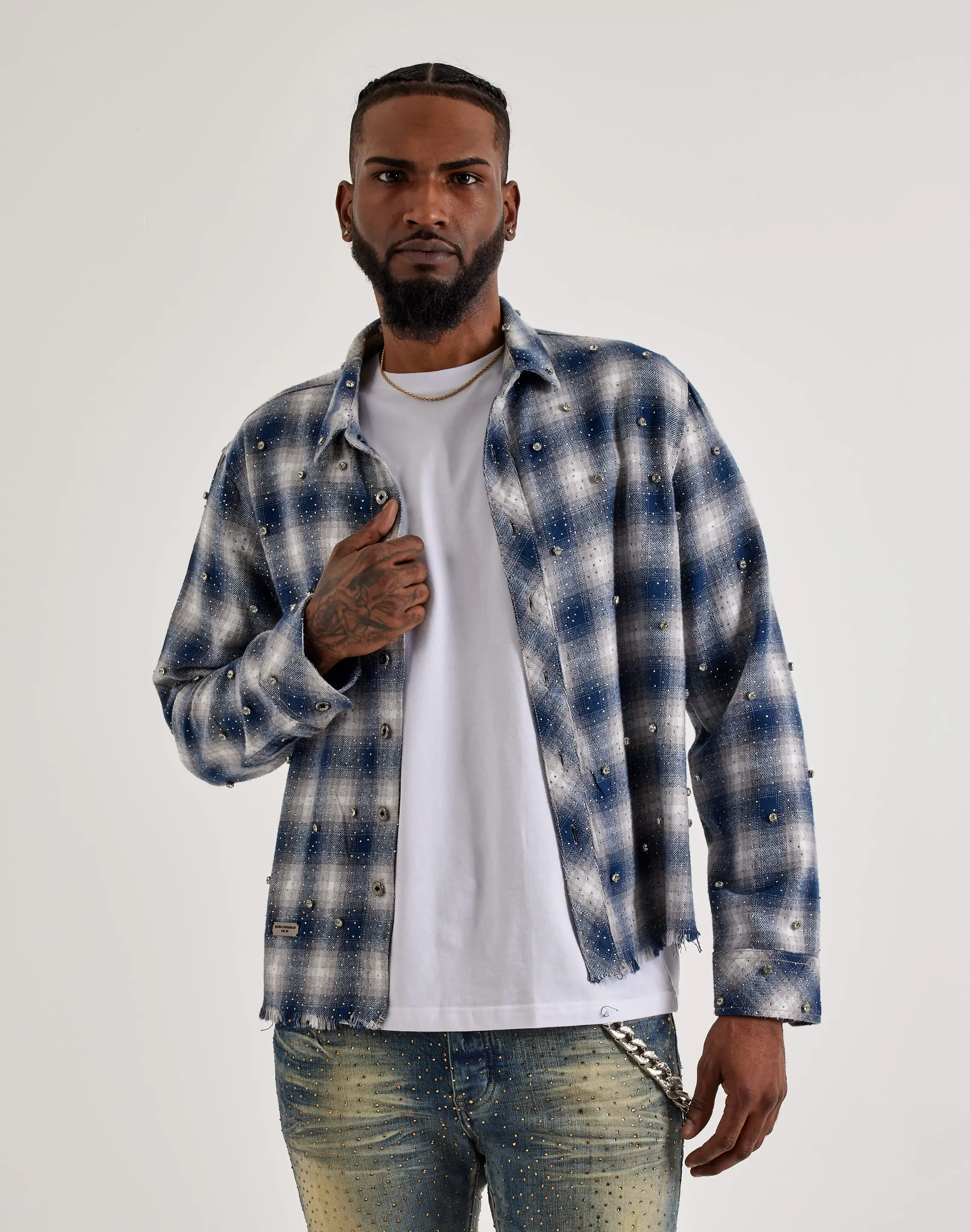 Mens Preme Studded Plaid Woven Shirt