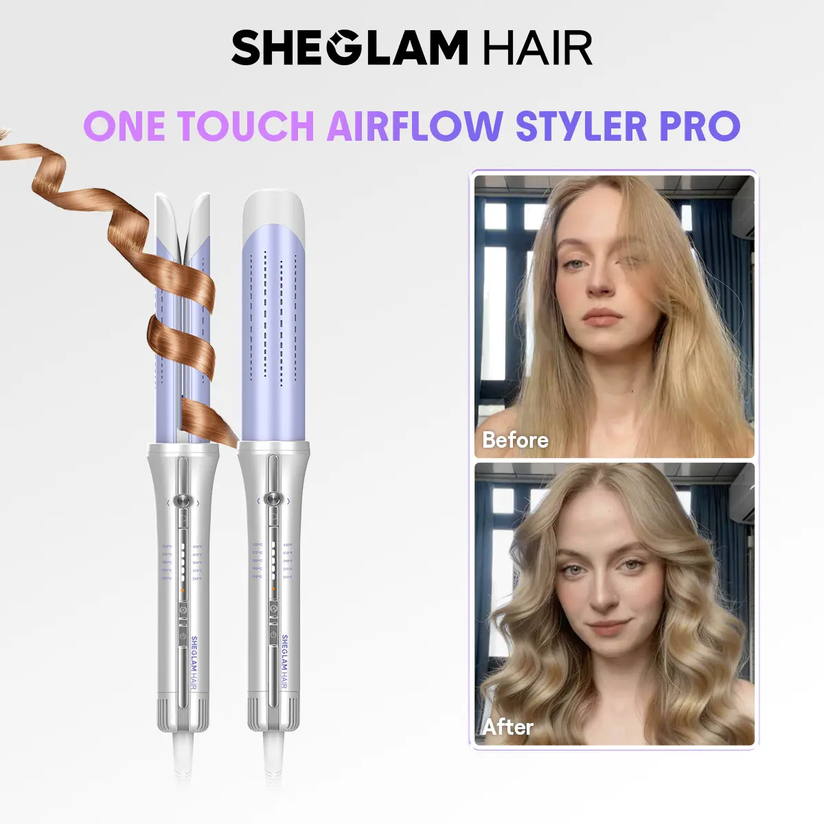 SHEGLAM HAIR One Touch Airflow Styler Pro | Auto Rotating Curling Iron | 1 Inch/25mm Curls | 360° Cooling Airflow | 5 Temp Setting | Anti Scald | Universal Voltage | GlossPro Ceramic Coating | Less Damage | Bouncy & Long Lasting Curls in 5 Minutes
