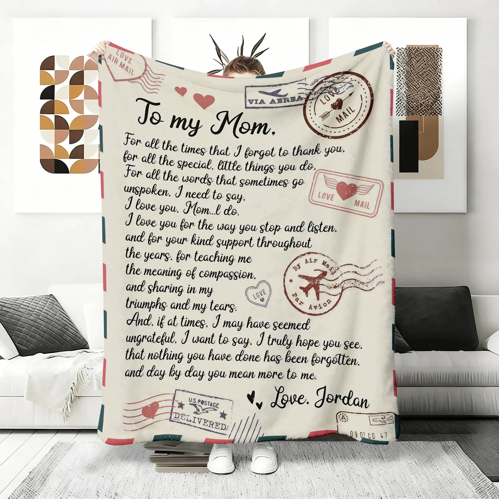 "Air Mail to My Mom" Vintage Flannel Blanket - Love Letter & Postal Stamp Print Fluffy Crochet Fleece Throw, Wrinkle Resistant All Seasons Soft Blush Pink Plush Bedding, Heartfelt Thank You Gift for Mom from Daughter Son, Room Decor, Polyester