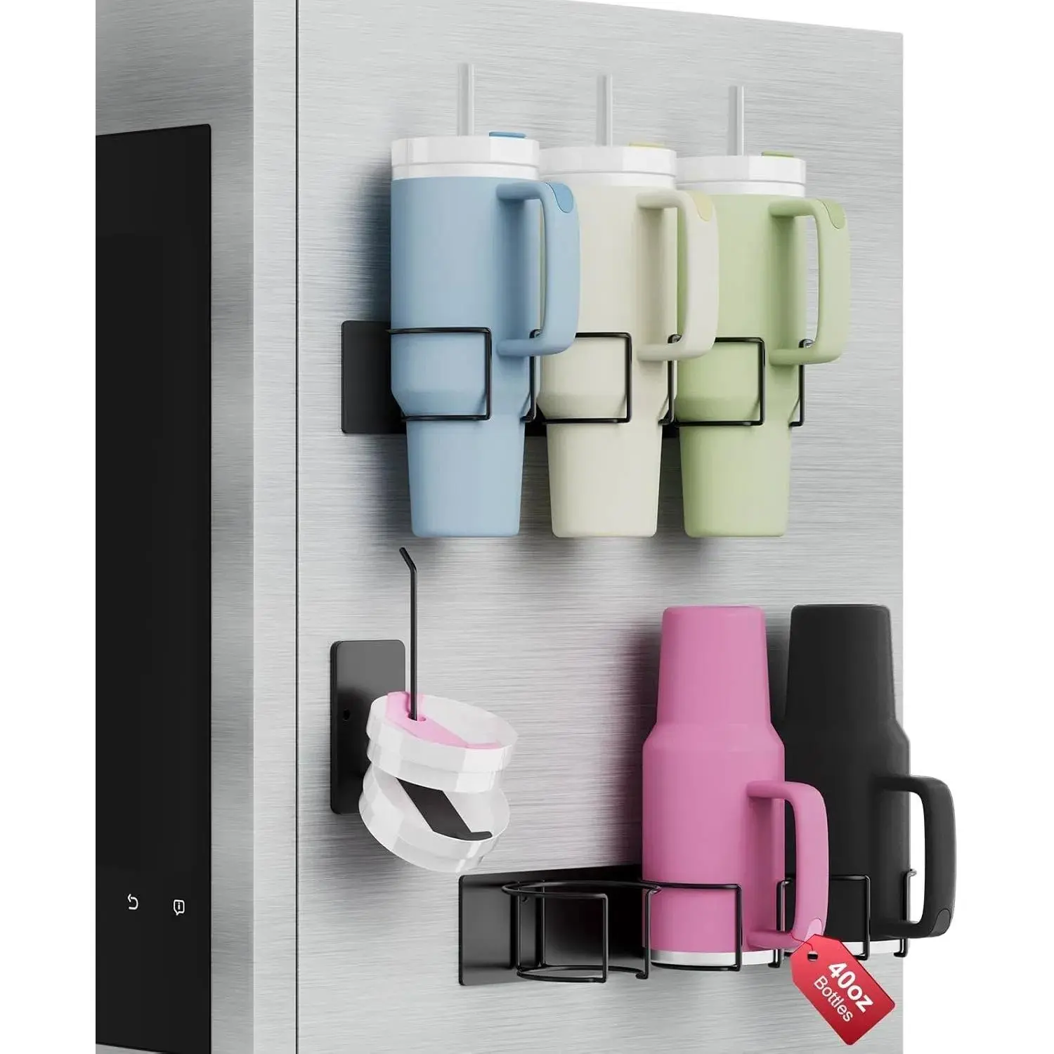 Magnetic Stanley Cup Holder for Refrigerator, Water Bottle Organizer for Stanley 40 oz with Tumbler Lid Organizer, Kitchen Pantry Organizers and Storage for Stanley Cup Accessories
