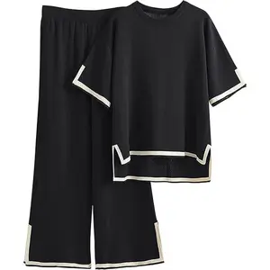 Sweater Sets Women 2 Piece Lounge Sets Short Sleeve Knit Pullover Tops Wide Leg Pants
