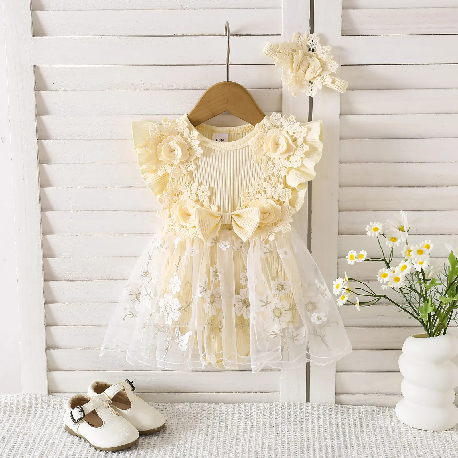 Douhoow Baby Girl Romper Dress Baby Dress Romper Flowers Lace Infant Girl Spring Summer Clothes with Headband