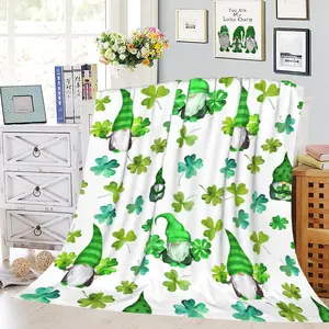 St Patrick's Day Clover Gnome Throw Blanket Green Shamrock St. Patrick's Day Throw Blankets Soft Lightweight Durable Flannel Blanket for Sofa Couch Bedroom Living Room Decor