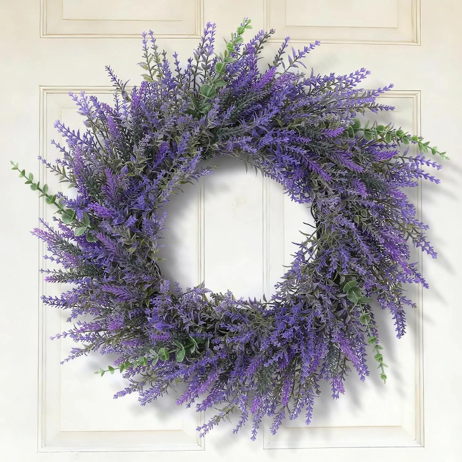 Artificial Lavender Wreath Front Door Wreath All Seasons Purple Fake Flower Wreath for Outdoor Outside Indoor Window Home Rustic Farmhouse Decoration