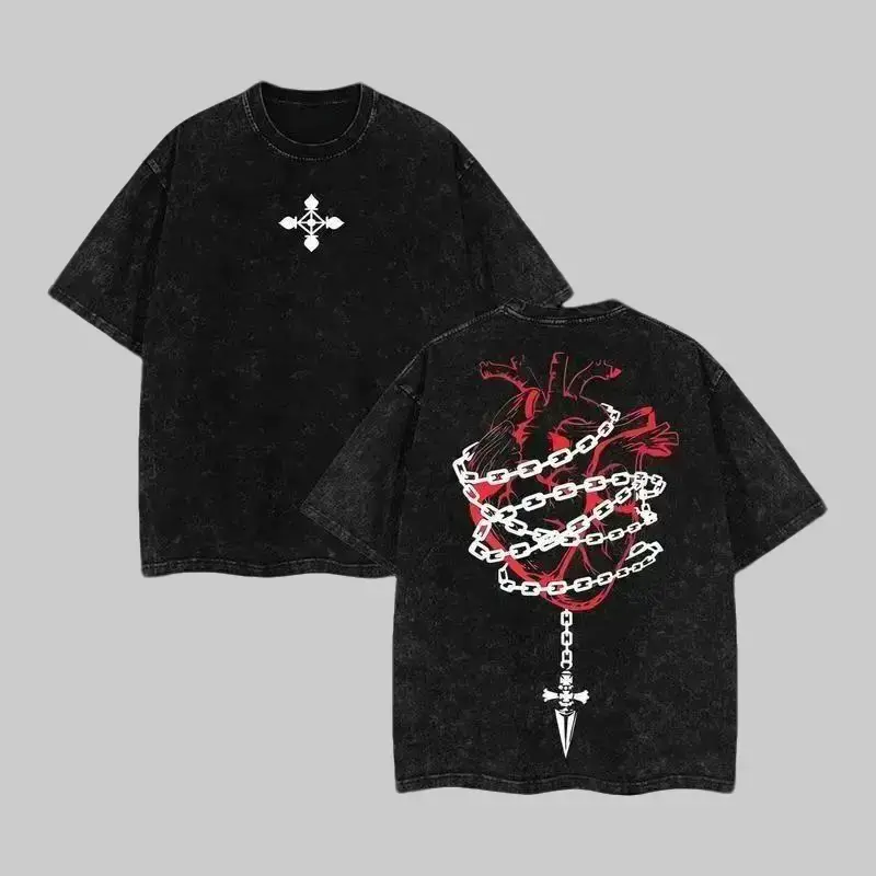 Hunter X Hunter HxH Kurapika Oversized Graphic Tee Vintage Acid Wash T Shirt Y2K Streetwear Gym Pump Cover Judgement Chain Retro Anime Merch Tiktok Finds Trendy Dark Aesthetic Workout Fit Casual Top Mens Heavy Cotton Gothic Heart Grunge