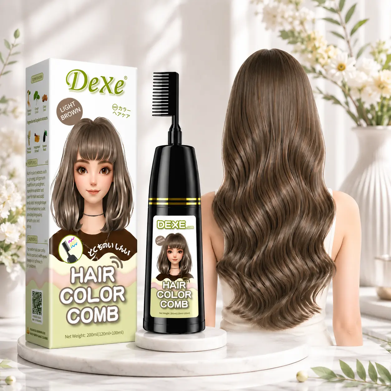 Home Use Integrated Comb Semi-Permanent Hair Dye Cream - Plant Essence, Mild, No Damage, Long-Lasting Fade-Resistant, Ash Brown & Ash Blonde Highlights Color Fixation Haircolor Haircare