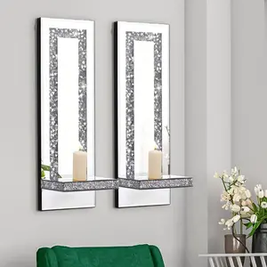 2pcs Wall Candle Holder Set, Shiny Mirrored Chandelier With Crystal Crushed Diamonds, Elegant Decorative Interior Home Decor, Room Accessories, Perfect for Living Room & Bedroom Decoration, Candle Stand