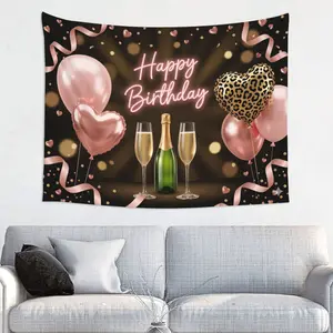 Happy Birthday Leopard Print Heart Neon Pink Balloon Champagne Theme Polyester Backdrop, Multifunctional Tapestry, Suitable for Home Decoration, Bedroom, Living Room, Photography Studio, Live Streaming Venue, Birthday Party, Photo Booth, etc.