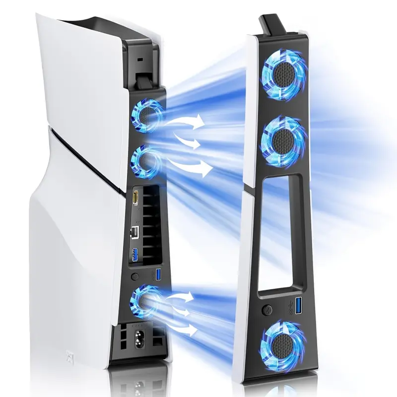 The high-efficiency cooling fan made for gaming, Game Night Gadget, is suitable for the PS5 Slim console. It features 2 adjustable wind speeds, an efficient cooling system with 3 high-speed cooling fans, and LED lights