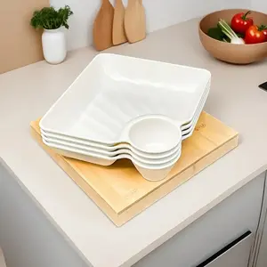 4-Piece Plastic Dumpling Plate Set with Sauce Compartment, Divided Sushi Plates, French Fries Dip Tray, Salad Serving Plates, Suitable for Kitchen, Restaurant, Party